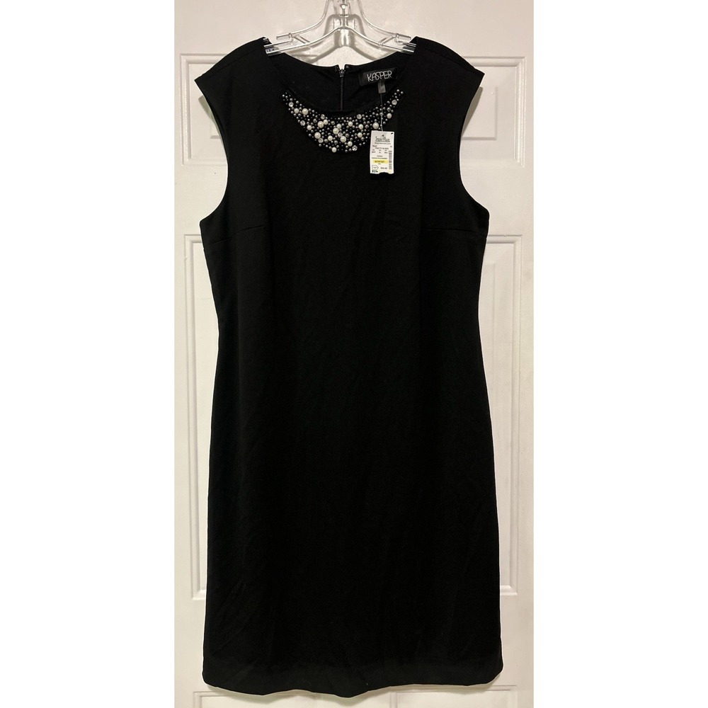 Kasper Womens Sheath Black Dress Size 16 Pearl Embellished NWT Sleeveless Party